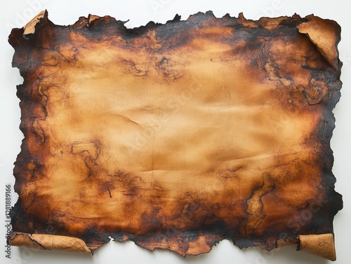 Aged parchment texture with burnt edges creating an antique scroll effect on a clean white background