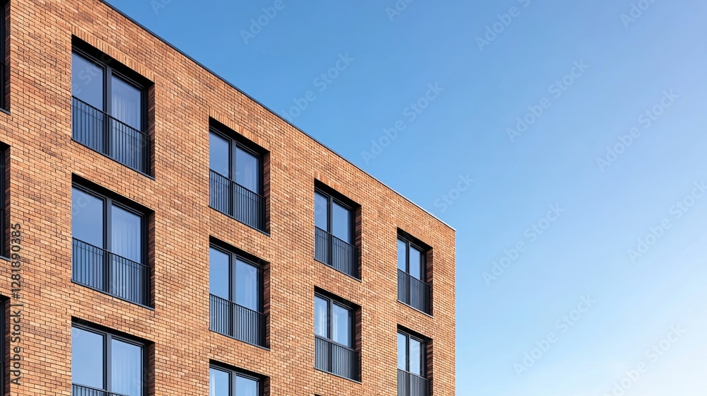 Modern Brick Apartment Building Exterior, Clear Sky Background, Architectural Detail, Suitable for Real Estate, Design, or Travel Modern Brick Apartment Building Exterior, Clear Sky Background, Architectural Detail, Suitable for Real Estate, Design, or Travel
