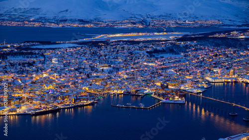 Overlook of the Tromsø Havn with dark sea, blue hour, during the polar night, Utsiktspunkt, Norway