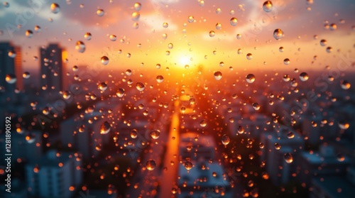 View of a glass window with water droplets and a sunset over a city skyline.