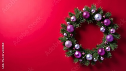 Christmas New Year's tree wreath with lilac Christmas balls on the left and with an empty space for text on the right on a red background