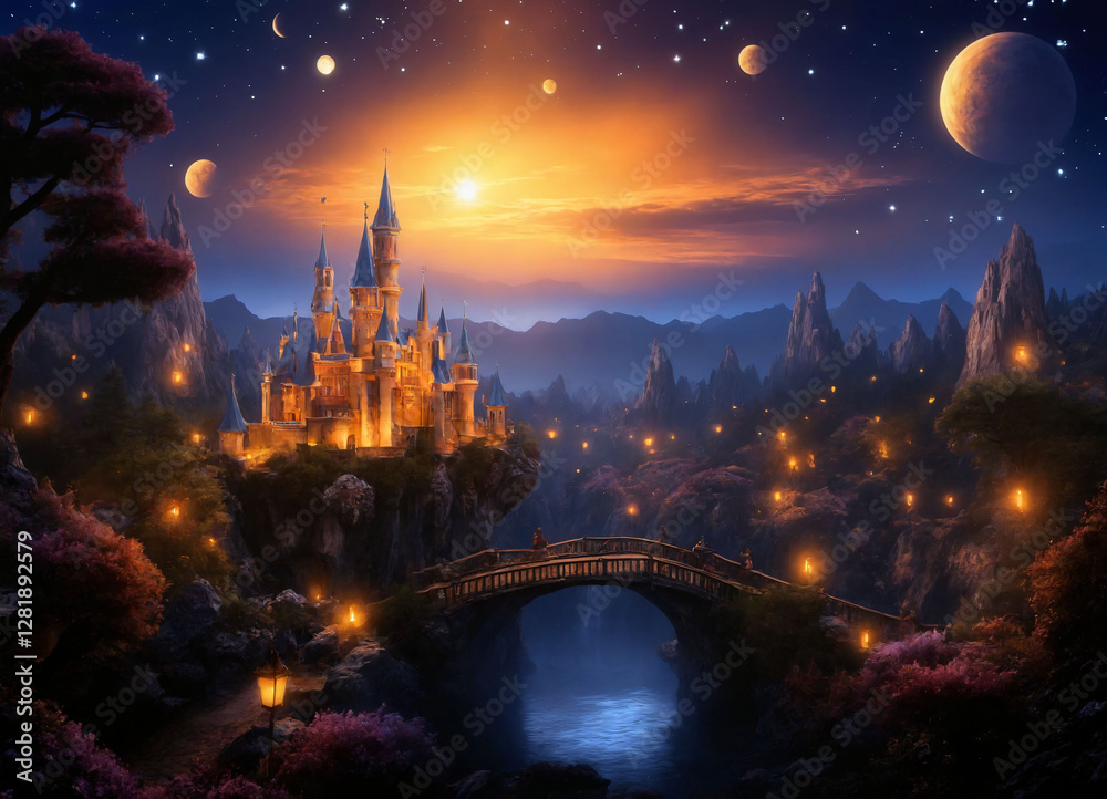 Fototapeta premium Fairytale night city in lights and in the light of the moon