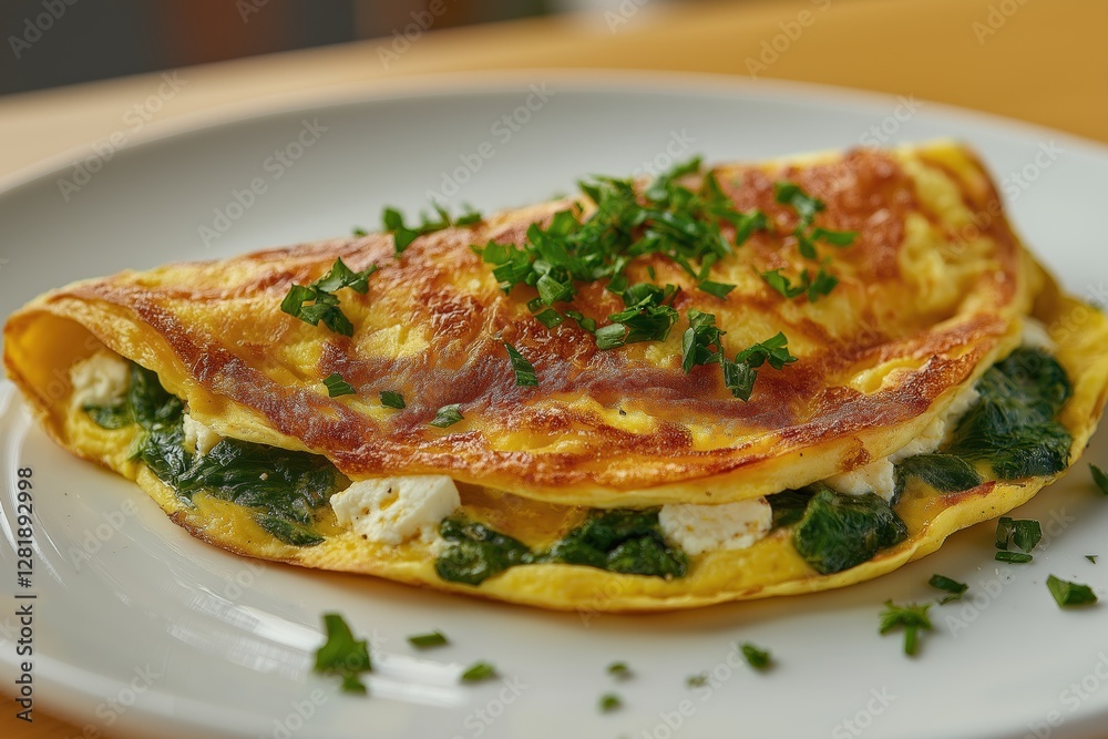 Spinach and feta omelet with fresh herbs, golden texture, cozy breakfast setting Spinach and feta omelet with fresh herbs, golden texture, cozy breakfast setting