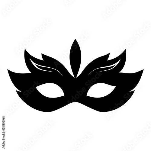 Carnival mask icon black silhouette isolated on white background. Mask with feathers pictogram. Vector illustration
