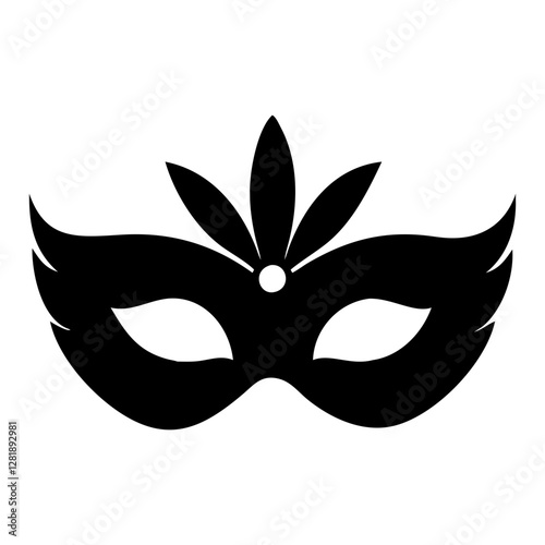Carnival mask icon black silhouette isolated on white background. Mask with feathers pictogram. Vector illustration