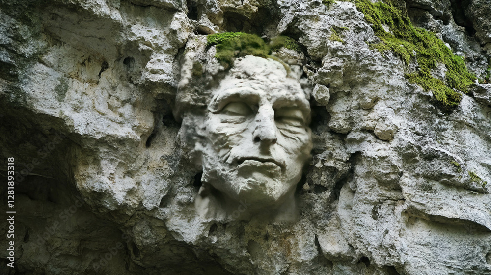 Obraz premium Ancient limestone face with moss growth and weathered texture