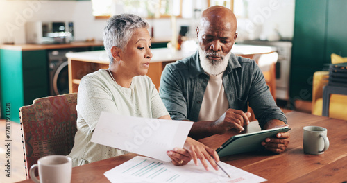 Canvastavla Mature, interracial couple and documents with tablet for payment due, financial planning or expenses at home