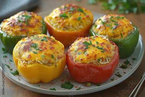 Vibrant stuffed bell peppers filled with savory ground meat, rice, and cheese photo