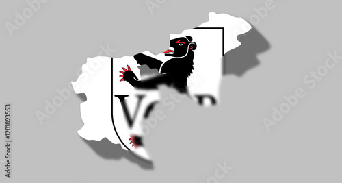 Vector graphic with 3d shape of Swiss Canton of Appenzell Ausserrhoden with coat of arms against gray background. Illustration made February 1st, 2025, Zurich, Switzerland.