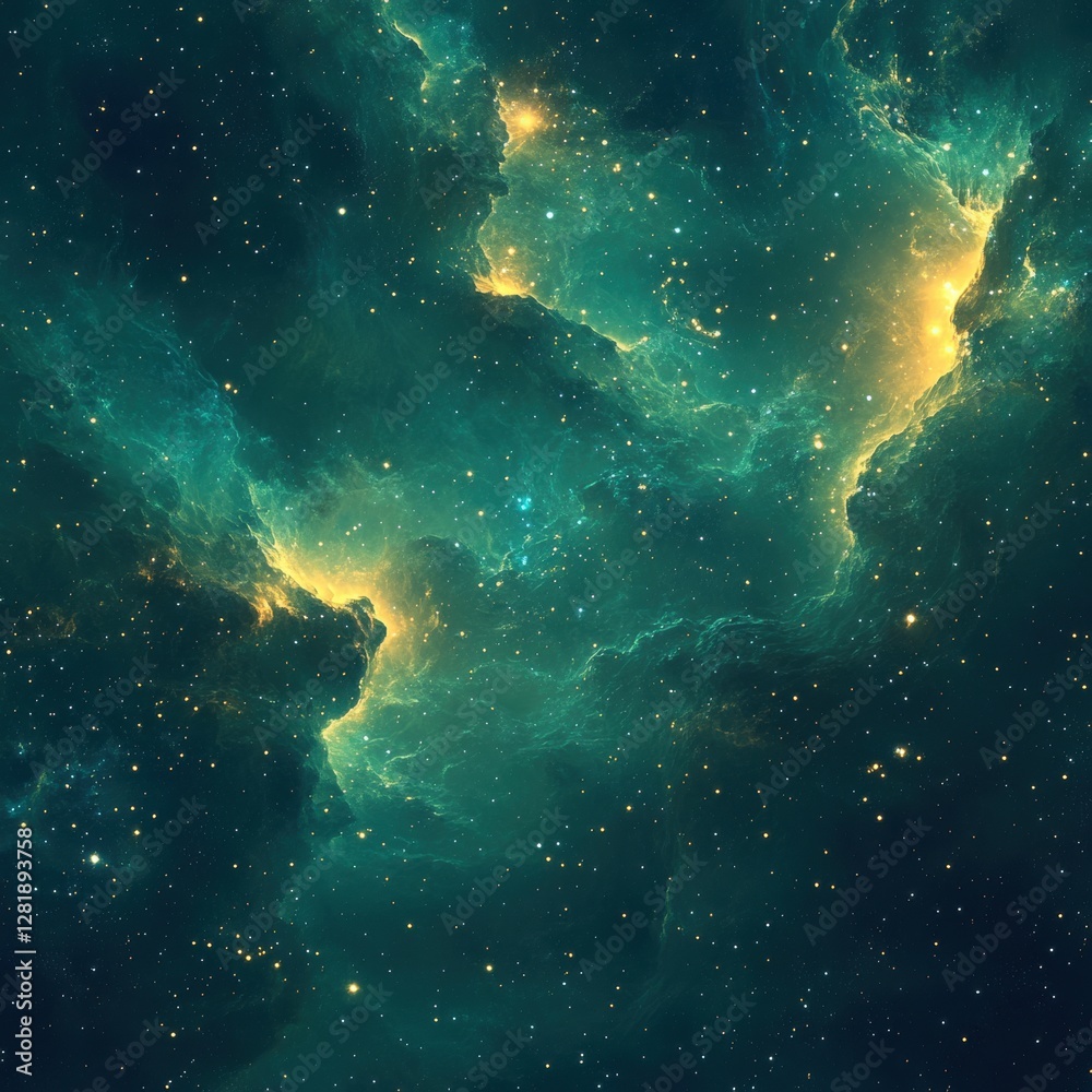 Obraz premium Ethereal nebula in cosmic expanse with shimmering turquoise and gold hues capturing the beauty of deep space exploration and celestial wonder