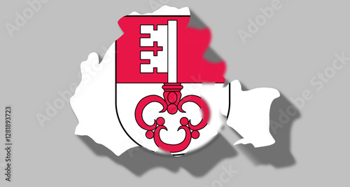 Vector graphic with 3d shape of Swiss Canton of Obwalden with coat of arms against gray background. Illustration made February 1st, 2025, Zurich, Switzerland.