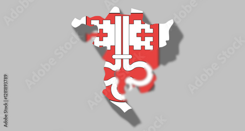 Vector graphic with 3d shape of Swiss Canton of Nidwalden with coat of arms against gray background. Illustration made February 1st, 2025, Zurich, Switzerland.