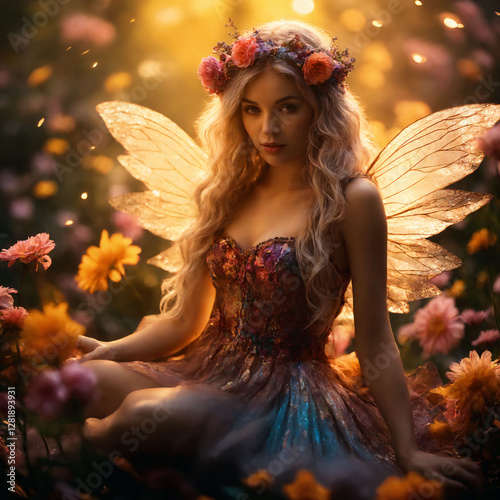 Fairytale world. A fairy dancing in the rays of moonlight in a flower garden.
