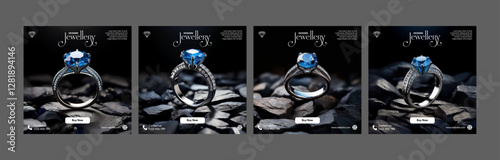 instagram jewelry social media post template jewellery poster rings slider carousel banner shop diamond luxury promotion dark blue diamond vector logo background color minimal design square size store