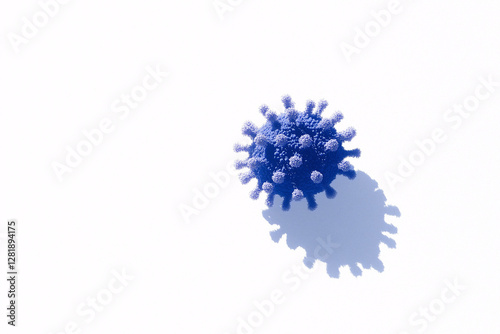 The Silent Threat: A striking macro view of a detailed, stylized coronavirus model against a minimalistic backdrop, symbolizing the unseen menace and the ongoing health crisis