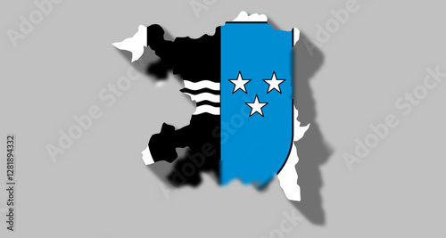 Vector graphic with 3d shape of Swiss Canton of Aargau with coat of arms against gray background. Illustration made February 1st, 2025, Zurich, Switzerland.