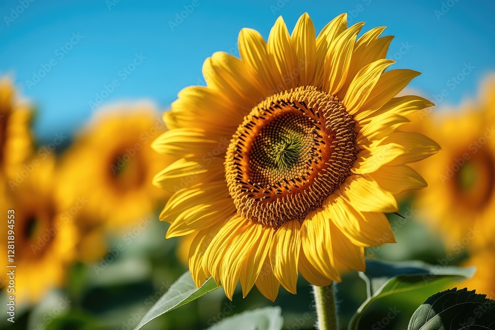 Fototapeta premium Here's a caption for your sunflower photo: Close-up of a vibrant sunflower, petals shining bright yellow against a clear blue sky. Perfect for summer, nature, or happiness themed projects.