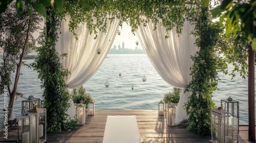 Romantic waterfront wedding setup with skyline view and birdcages
