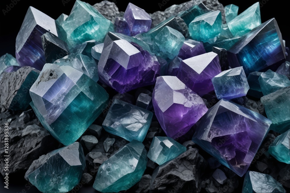 a close up of a bunch of purple and green crystals a close up of a bunch of purple and green crystals