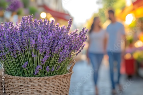 Lavender basket, couple strolling, market street, summer romance