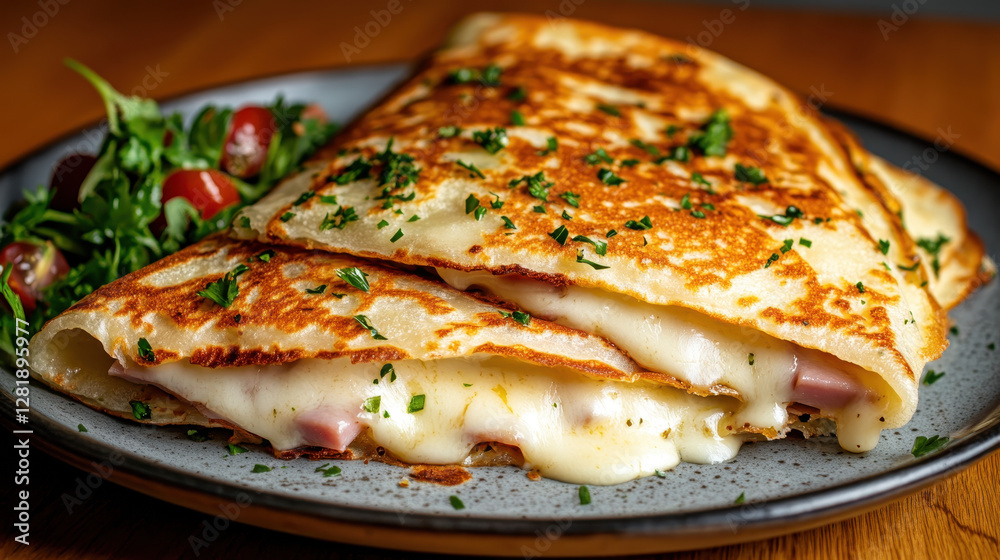 Delicious cheesy crepes with ham and fresh salad on wooden table Delicious cheesy crepes with ham and fresh salad on wooden table
