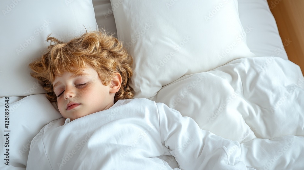 Child peacefully sleeping in a cozy bedroom on a soft white bed during the day Child peacefully sleeping in a cozy bedroom on a soft white bed during the day