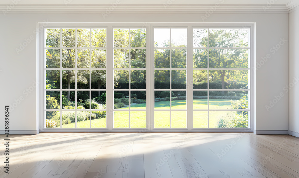 Obraz premium Empty modern living room interior with a white wall and wooden floor, a large window with a glass door overlooking a garden landscape