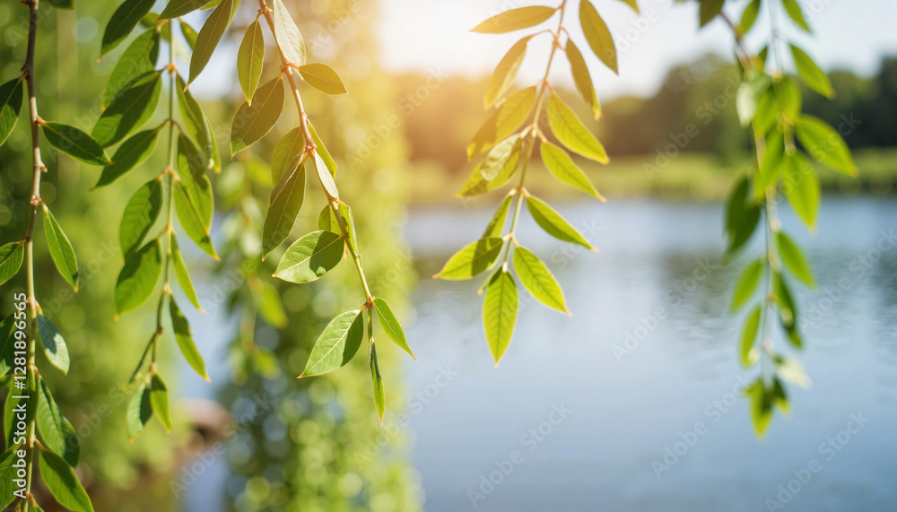Sunlit willow leaves gently swaying by tranquil riverside, nature's calm Sunlit willow leaves gently swaying by tranquil riverside, nature's calm