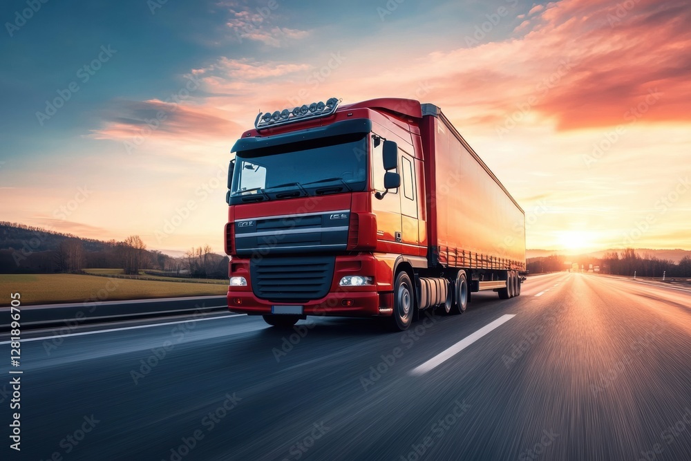 Red truck driving on highway during beautiful sunset over vast landscape. Generative AI Red truck driving on highway during beautiful sunset over vast landscape. Generative AI