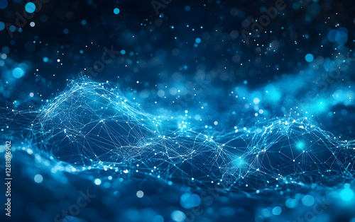 Digital Science Universe: A glowing blue cyber landscape of interconnected particles and lines, evoking sci-fi and technological innovation