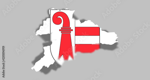 Vector graphic with 3d shape of Swiss Canton Jura of with coat of arms against gray background. Illustration made February 1st, 2025, Zurich, Switzerland.