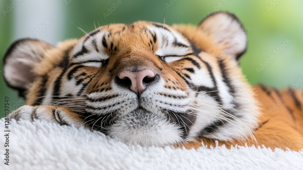 Fototapeta premium Sleepy tiger resting on a soft surface, soft focus background