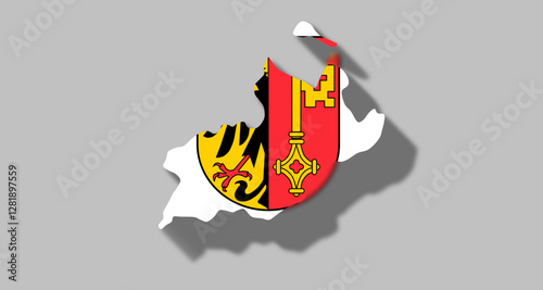 Vector graphic with 3d shape of Swiss Canton of Geneva with coat of arms against gray background. Illustration made February 1st, 2025, Zurich, Switzerland.