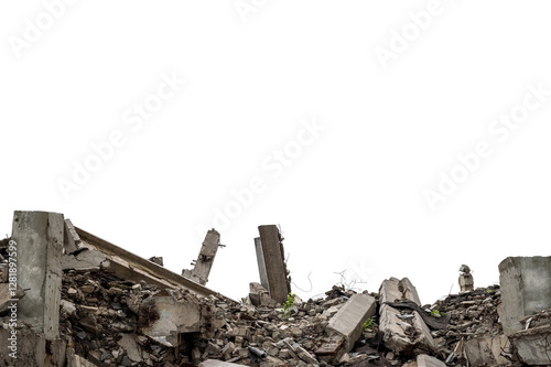 Gray concrete fragments of the remains of a building with green sparse shoots that survived the blockage, isolated on a white background