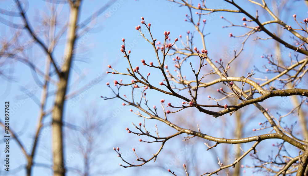 Emerging buds on bare branches against blue sky, early spring beauty Emerging buds on bare branches against blue sky, early spring beauty