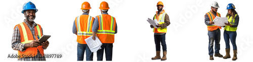 Construction Workers Reviewing Plans and Using Technology on transparent Background