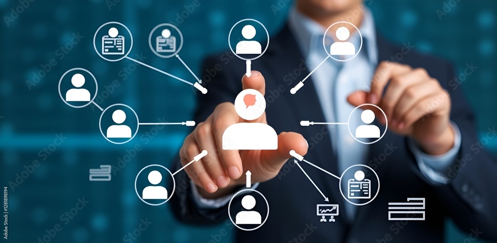 CRM stands for customer relationship management. database system for marketing and customer information. An entrepreneur touches the icon of a customer. CRM stands for customer relationship management. database system for marketing and customer information. An entrepreneur touches the icon of a customer.