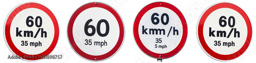 Collection of Four Round Speed Limit Signs Showing 60 kmh and 35 mph on transparent Background photo