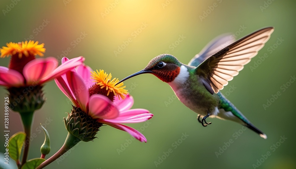 Fototapeta premium Hummingbird hovering near vibrant flowers in a natural garden setting during early morning light