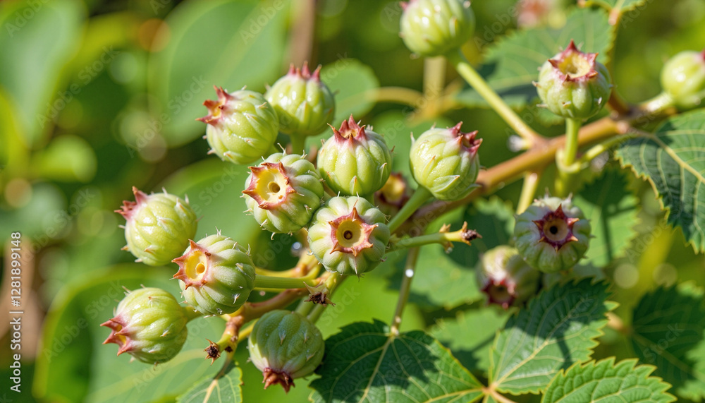 Green buds forming on blueberry bush in orchard, natural growth Green buds forming on blueberry bush in orchard, natural growth