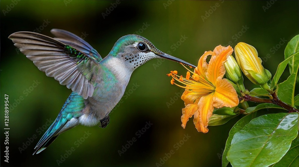 Obraz premium Hummingbird hovering near vibrant orange flower in lush garden setting during daytime
