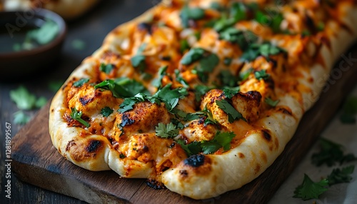 Tandoori chicken naan pizza, rustic wood
