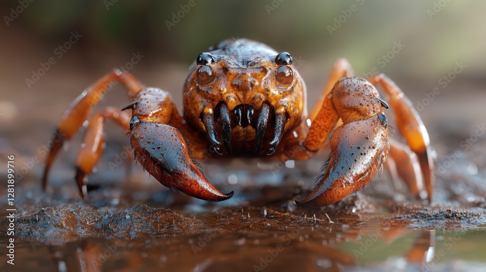 This eye-catching image features a crab in a serene setting, showcasing its glossy shell and captivating eyes, emphasizing the beauty of marine life and its environment. This eye-catching image features a crab in a serene setting, showcasing its glossy shell and captivating eyes, emphasizing the beauty of marine life and its environment.