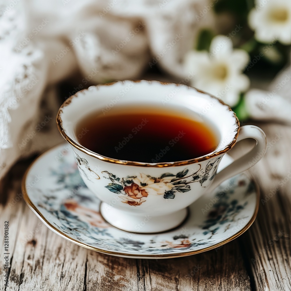 Delicate Tea Time: A refined teacup filled with dark tea sits elegantly on a floral-patterned saucer, set upon a rustic wooden table and adorned with blossoms. It evokes a sense of warmth, serenity. Delicate Tea Time: A refined teacup filled with dark tea sits elegantly on a floral-patterned saucer, set upon a rustic wooden table and adorned with blossoms. It evokes a sense of warmth, serenity.