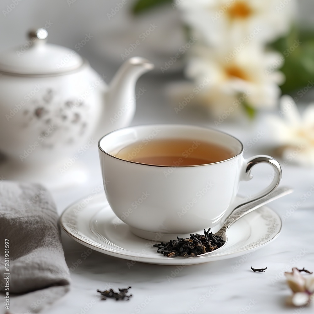 Serene Tea Ritual: A delicate tea cup, brimming with a comforting infusion, sits beside a classic teapot and a scattering of tea leaves, evoking moments of tranquility and relaxation. Serene Tea Ritual: A delicate tea cup, brimming with a comforting infusion, sits beside a classic teapot and a scattering of tea leaves, evoking moments of tranquility and relaxation.