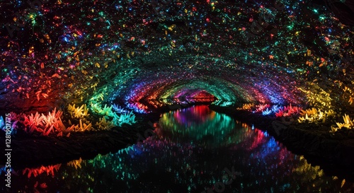 A cave illuminated by millions of glowing crystals, casting colorful light on the underground river flowing through it photo