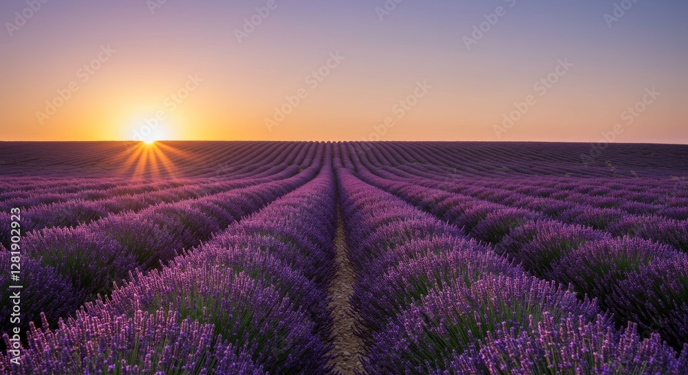 Obraz premium A vast lavender field at sunset, with rows of purple flowers stretching towards the horizon under a pastel sky