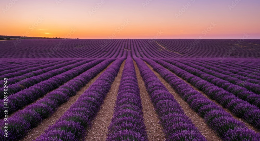 A vast lavender field at sunset, with rows of purple flowers stretching towards the horizon under a pastel sky A vast lavender field at sunset, with rows of purple flowers stretching towards the horizon under a pastel sky