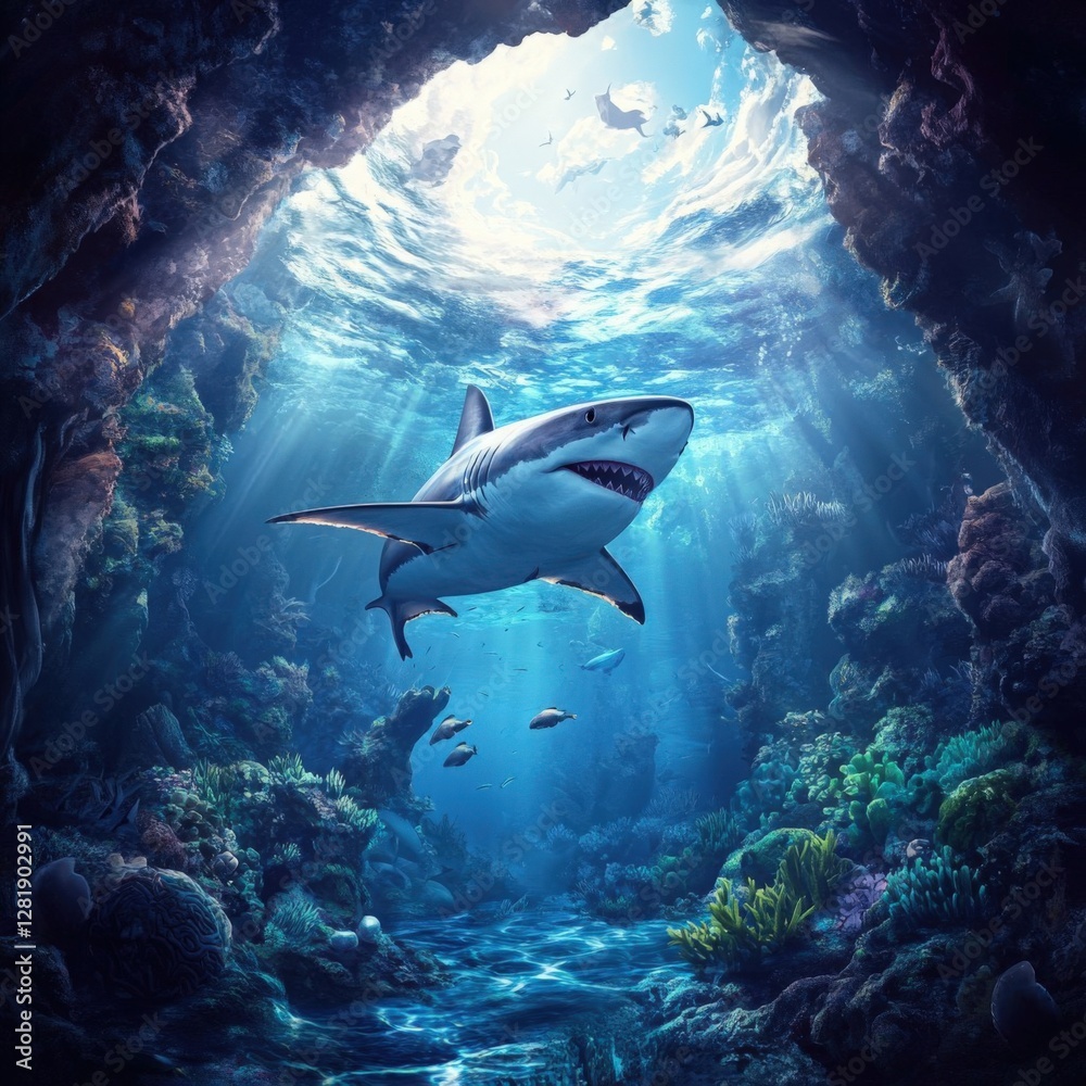 Fototapeta premium Lifelike digital illustration of a shark swimming in a vibrant coral reef.