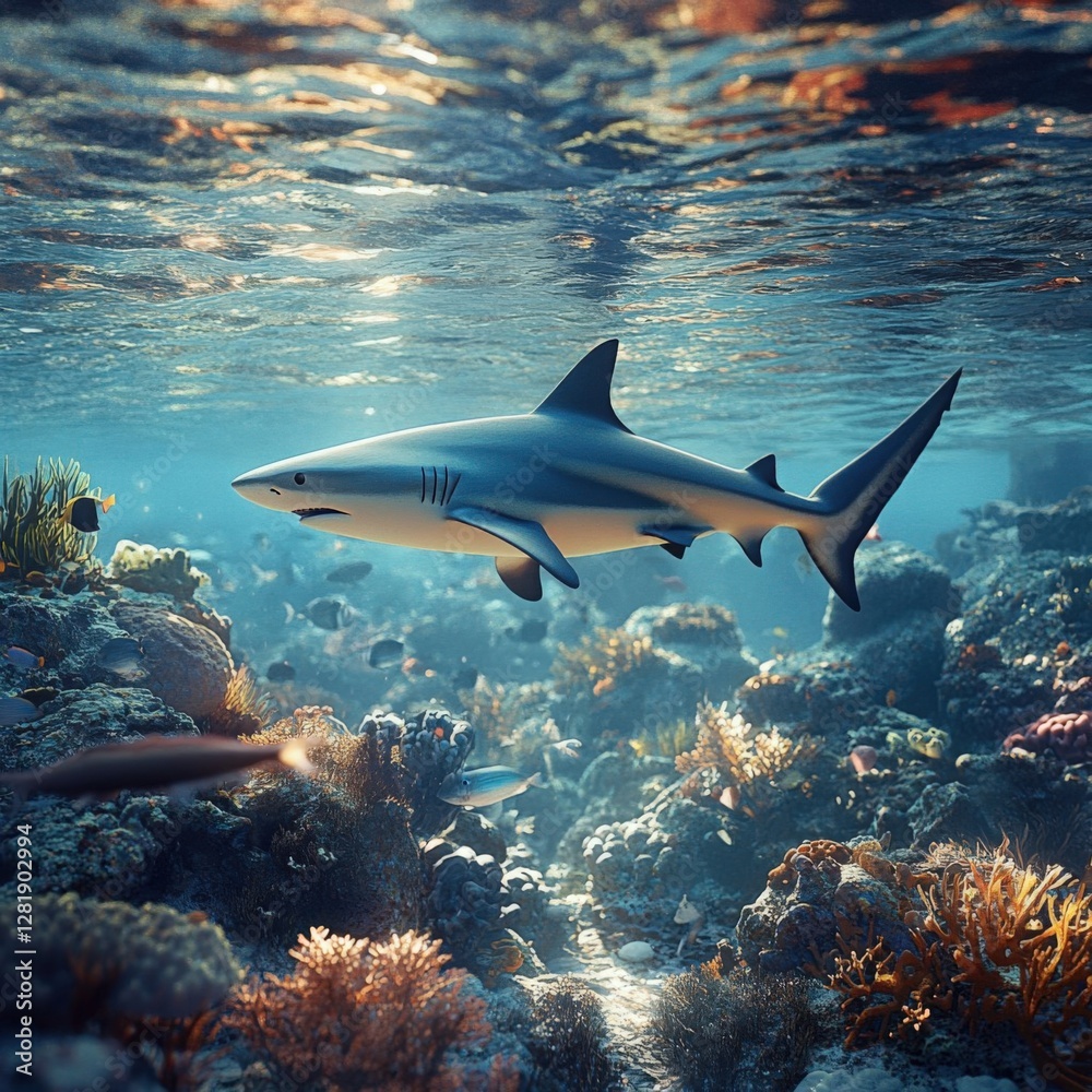Fototapeta premium Lifelike digital illustration of a shark swimming in a vibrant coral reef.